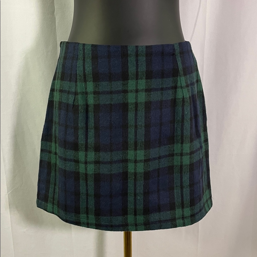 NWT III Blue & Green Plaid Wool Blend A-Line Mini Skirt